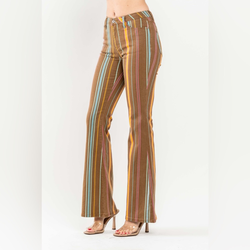 Judy Blue Brown Multi-Stripe Flare Jeans, Size 14 - Picture 4 of 9